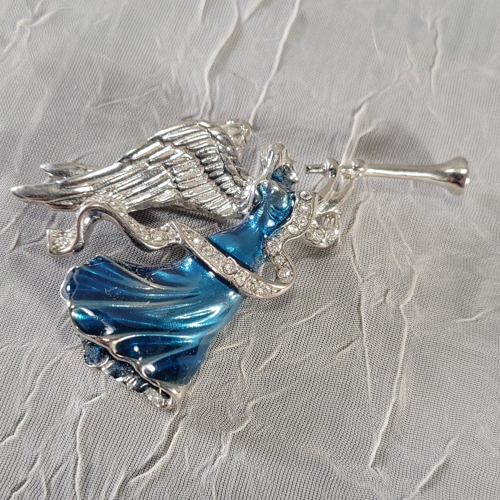 Angel Brooch Silver Blue Enamel Rhinestone Trumpet Celestial Holiday Jewelry